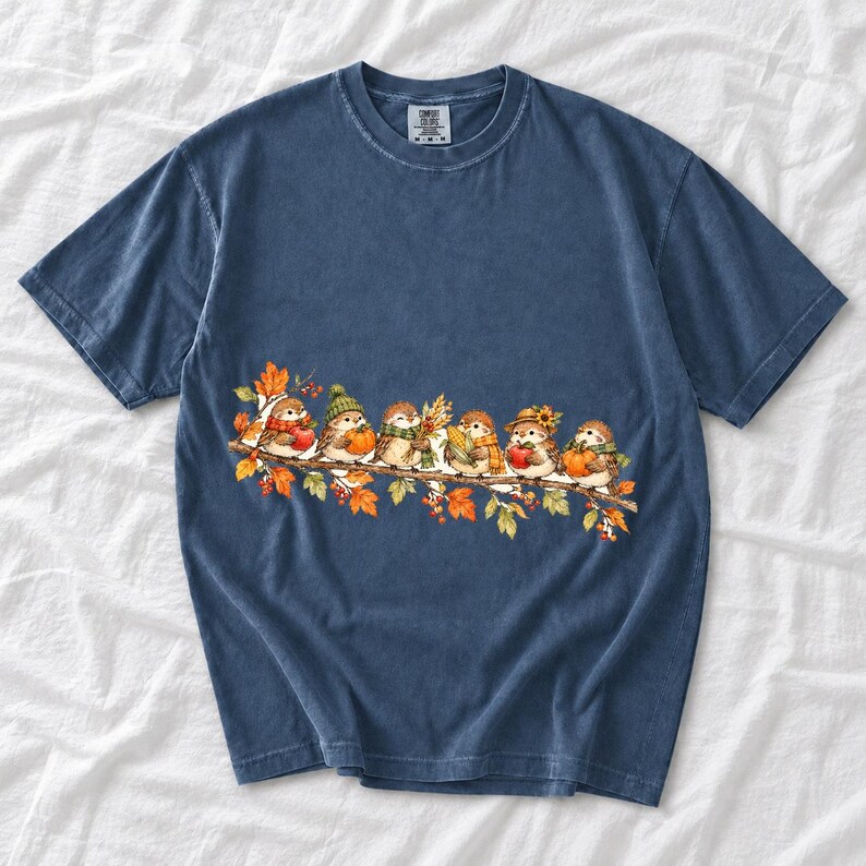 Row of watercolor sparrows on a branch holding tiny apples, corn and a pumpkin for harvest