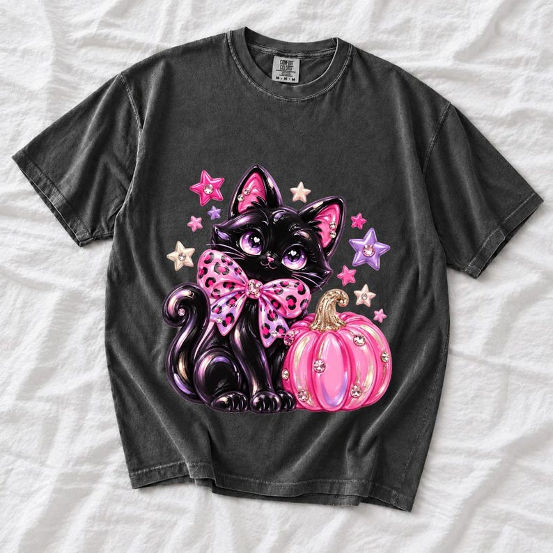 Puffy 3D black cat with a leopard bow beside a glossy pumpkin and stars in coquette style