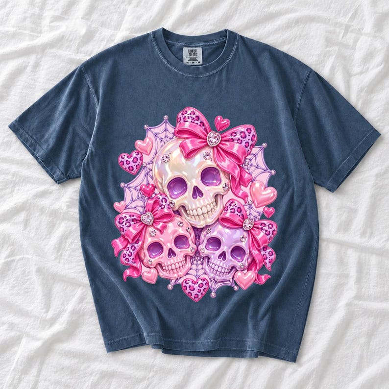 Puffy glossy 3D pink skulls with bows, hearts, cobwebs and rhinestones in coquette style