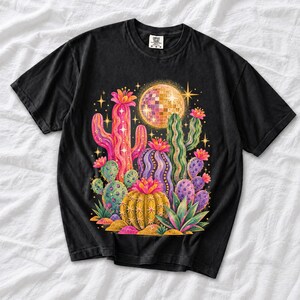 Retro 70s psychedelic glitter cacti with a disco ball moon in pink, mustard, violet and mint