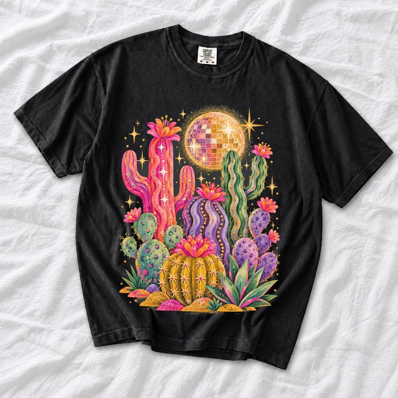 Retro 70s psychedelic glitter cacti with a disco ball moon in pink, mustard, violet and mint