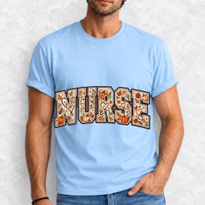 Arched varsity word NURSE filled with autumn leaves, stethoscopes and pumpkins in cream, rust and mustard