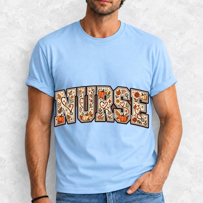 Arched varsity word NURSE filled with autumn leaves, stethoscopes and pumpkins in cream, rust and mustard