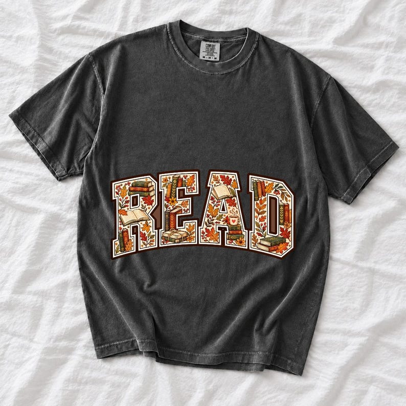 Arched varsity word READ filled with tiny books and autumn leaves in cream, rust and mustard
