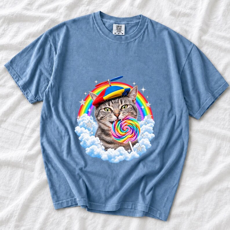 Rainbow Cat Lollipop Propeller Beanie Comfort Colors Shirt product mockup, image 8