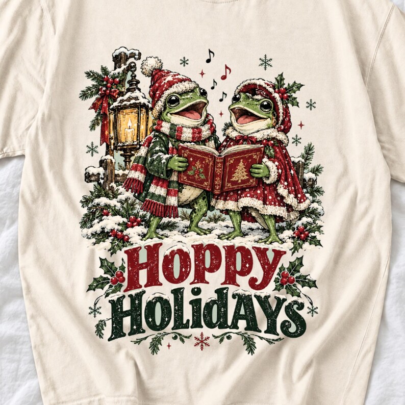 Two frogs singing carols in the snow with a lantern and songbook, text Hoppy Holidays