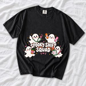 Four kawaii ghosts with stethoscope, bandages, coffee and clipboard, text Spooky Shift Squad