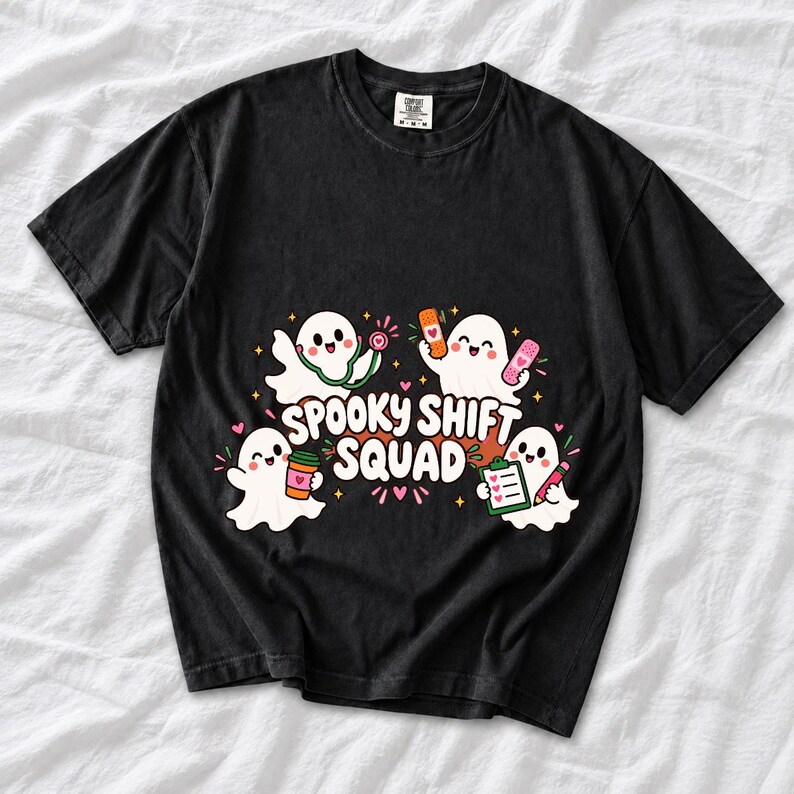 Four kawaii ghosts with stethoscope, bandages, coffee and clipboard, text Spooky Shift Squad