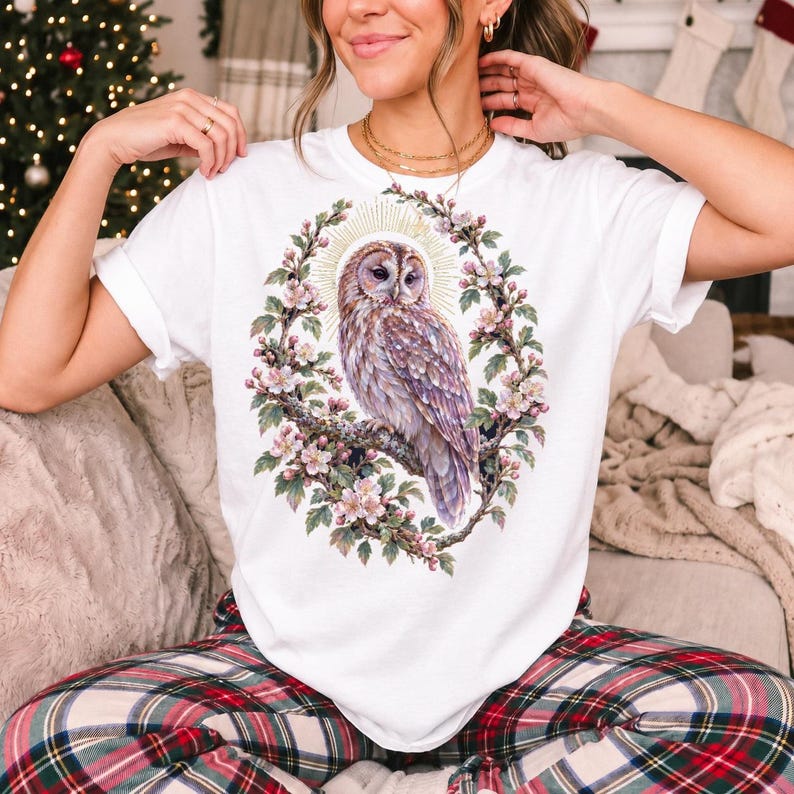 Tawny Owl Shirt, Floral Owl Tee, Comfort Colors Owl Lover T-shirt, Retro Wildflowers Owl Shirt, Women Owl Tee Gift image 2