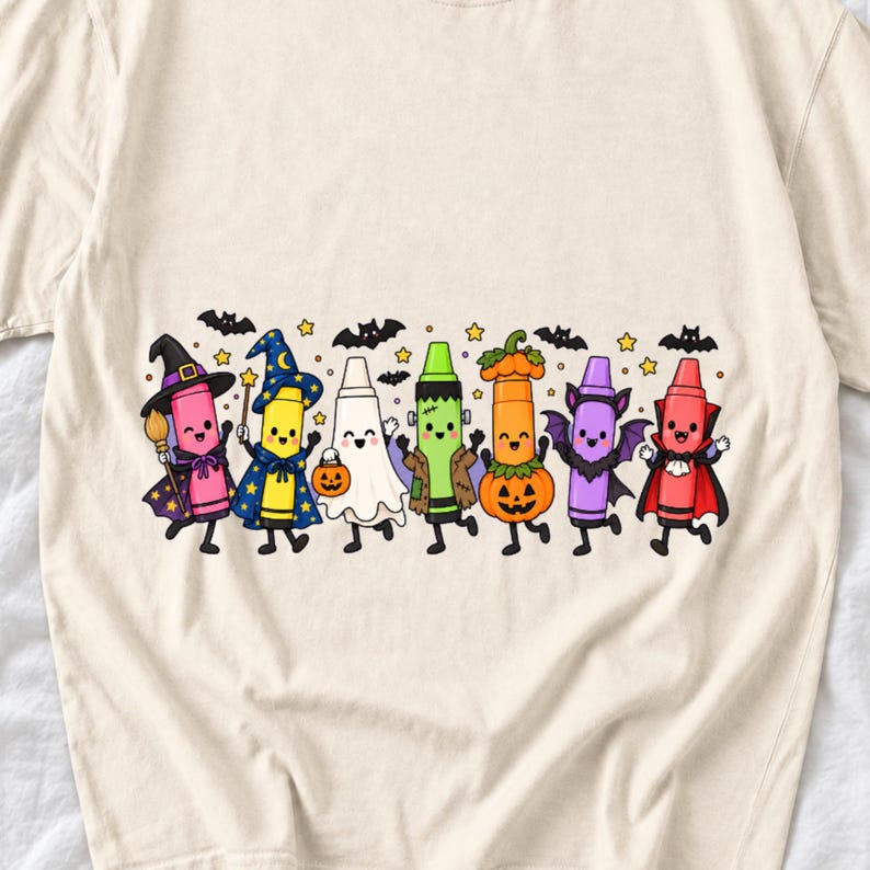 Seven neon highlighter markers with faces in witch, ghost, pumpkin and vampire costumes under bats and stars