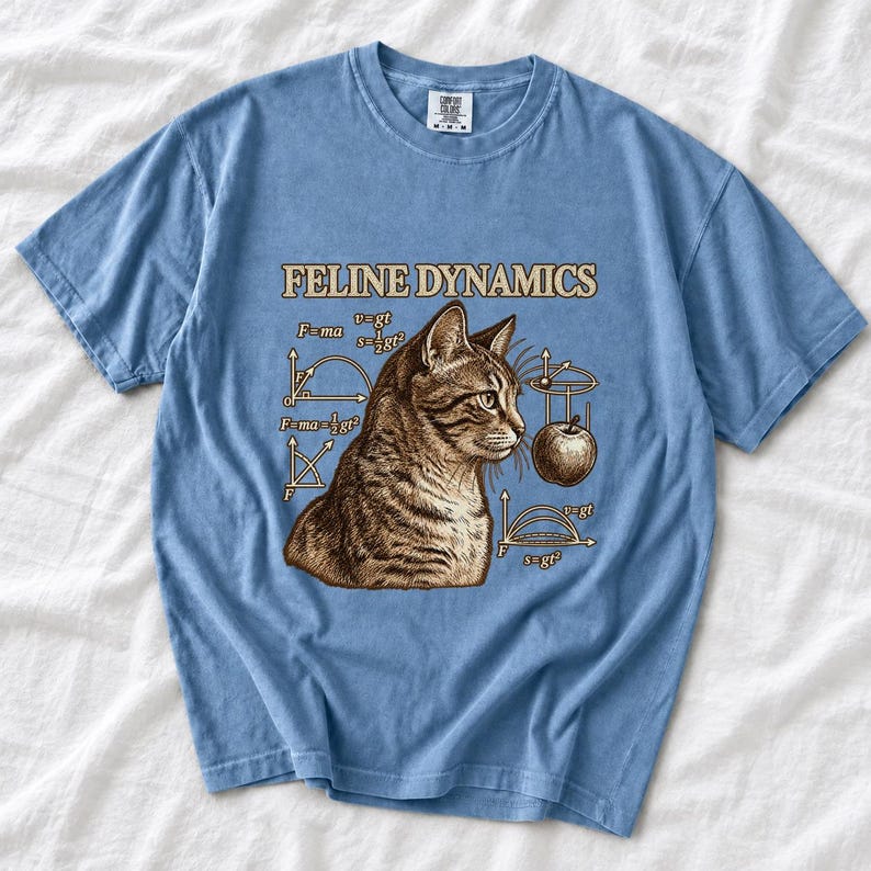 Comfort Colors Science Cat Shirt, Feline Dynamics Tee, Retro Physics Cat T-shirt, Physics Teacher Cat Tee, Engraved Tabby Cat Shirt