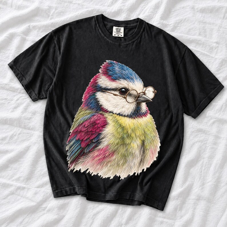 Colored-pencil blue tit bird wearing tiny round reading glasses, funny birdwatcher t-shirt illustration