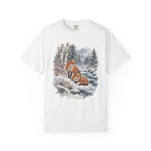 Comfort Colors Winter Fox Shirt, Watercolor Red Fox Tee, Snowy Forest Fox T-shirt, Fox Lover Nature Shirt Gift, Birch Forest Fox Tee — Printify product mockup