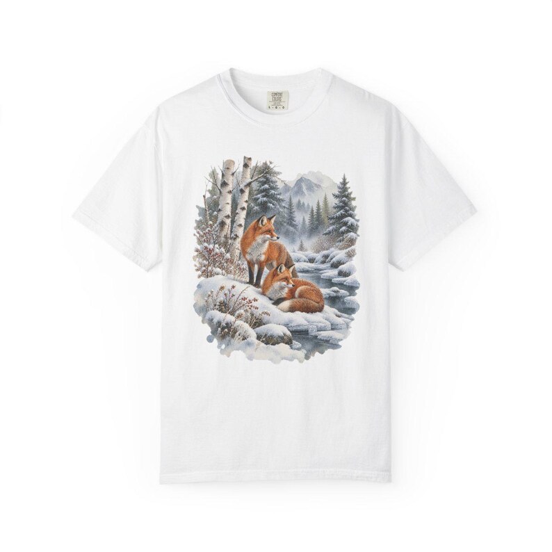Comfort Colors Winter Fox Shirt, Watercolor Red Fox Tee, Snowy Forest Fox T-shirt, Fox Lover Nature Shirt Gift, Birch Forest Fox Tee — Printify product mockup
