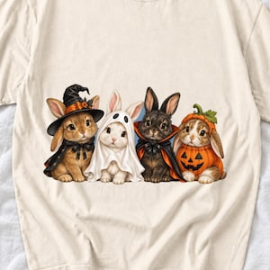 Realistic illustration of four bunnies in witch, ghost, vampire cape and pumpkin costumes in a row