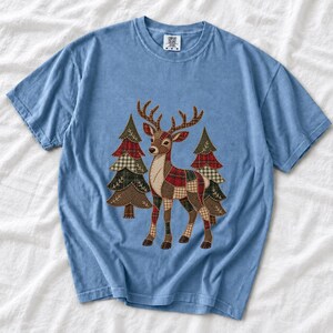 Comfort Colors Plaid Reindeer Christmas Shirt, Patchwork Reindeer Tee, Rustic Christmas Deer T-shirt, Farmhouse Reindeer Holiday Shirt
