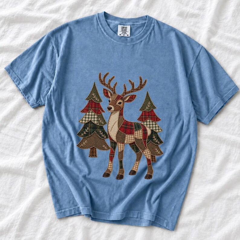 Comfort Colors Plaid Reindeer Christmas Shirt, Patchwork Reindeer Tee, Rustic Christmas Deer T-shirt, Farmhouse Reindeer Holiday Shirt