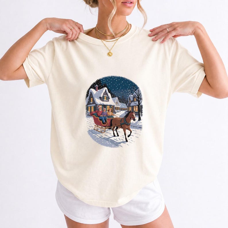 Comfort Colors Horse Sleigh Christmas Shirt, Retro Christmas Village Tee, Snowy Sleigh Ride T-shirt, Christmas Horse Shirt Women, Sleigh Tee