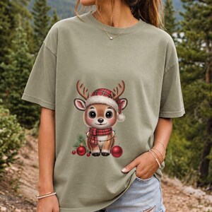 Comfort Colors Baby Reindeer Christmas Shirt, Cute Reindeer Santa Hat Tee, Christmas Reindeer T-shirt, Plaid Reindeer Holiday Shirt