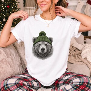 Comfort Colors Bear Beanie Shirt, Sketch Bear Winter Tee, Grizzly Bear Green Beanie T-shirt, Cabin Bear Lover Shirt Gift, Bear Tee