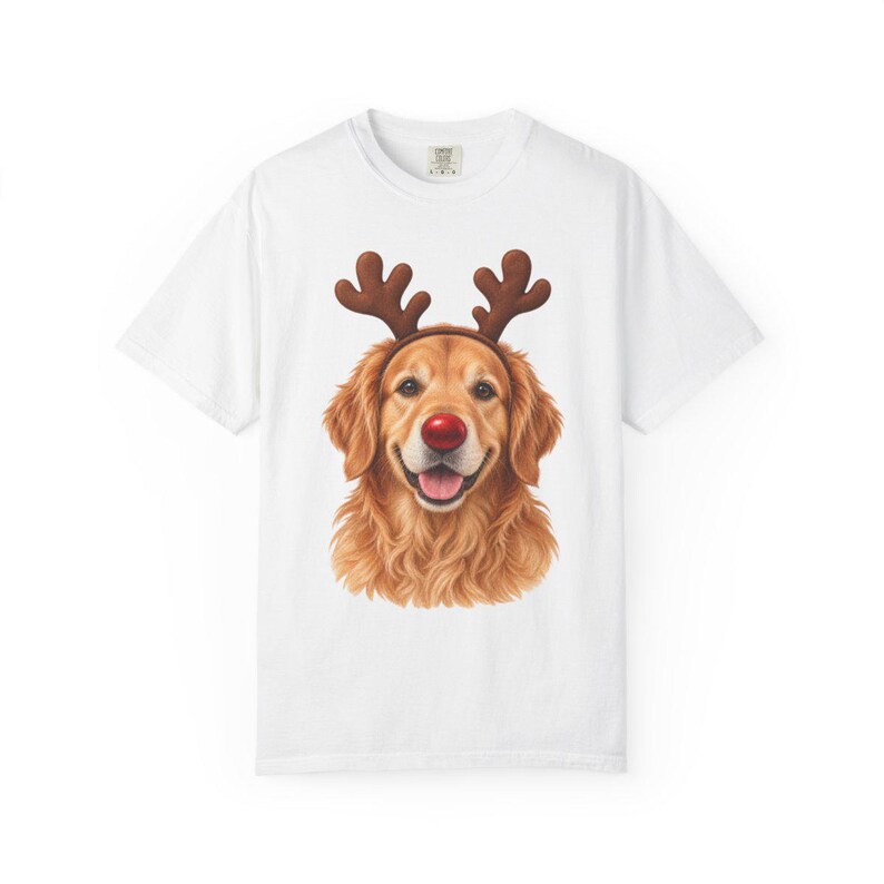Comfort Colors Golden Retriever Christmas Shirt, Reindeer Golden Retriever Tee, Dog Christmas T-shirt, Golden Mom Holiday Shirt — Printify product mockup