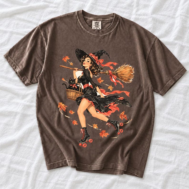 Retro 1950s pin-up witch on roller skates with a broom and a cat in a basket, autumn leaves
