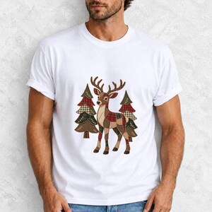 Comfort Colors Plaid Reindeer Christmas Shirt, Patchwork Reindeer Tee, Rustic Christmas Deer T-shirt, Farmhouse Reindeer Holiday Shirt