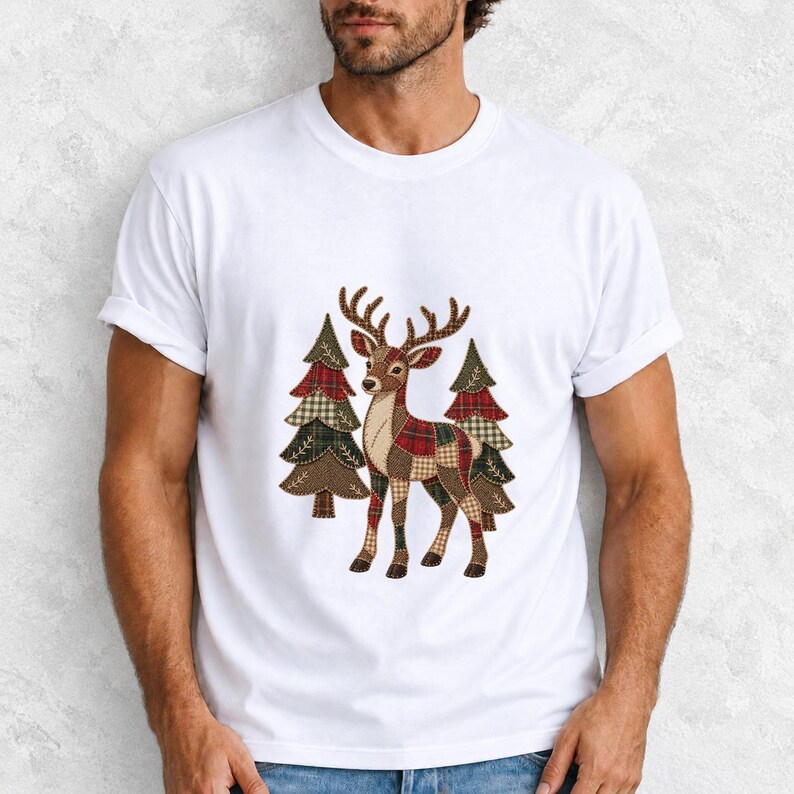 Comfort Colors Plaid Reindeer Christmas Shirt, Patchwork Reindeer Tee, Rustic Christmas Deer T-shirt, Farmhouse Reindeer Holiday Shirt
