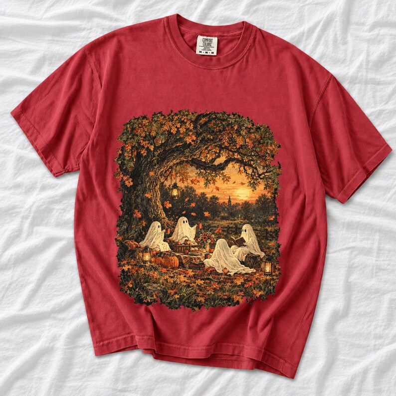 Vintage oil painting of sheet ghosts having a picnic under oak trees with falling autumn leaves at golden hour