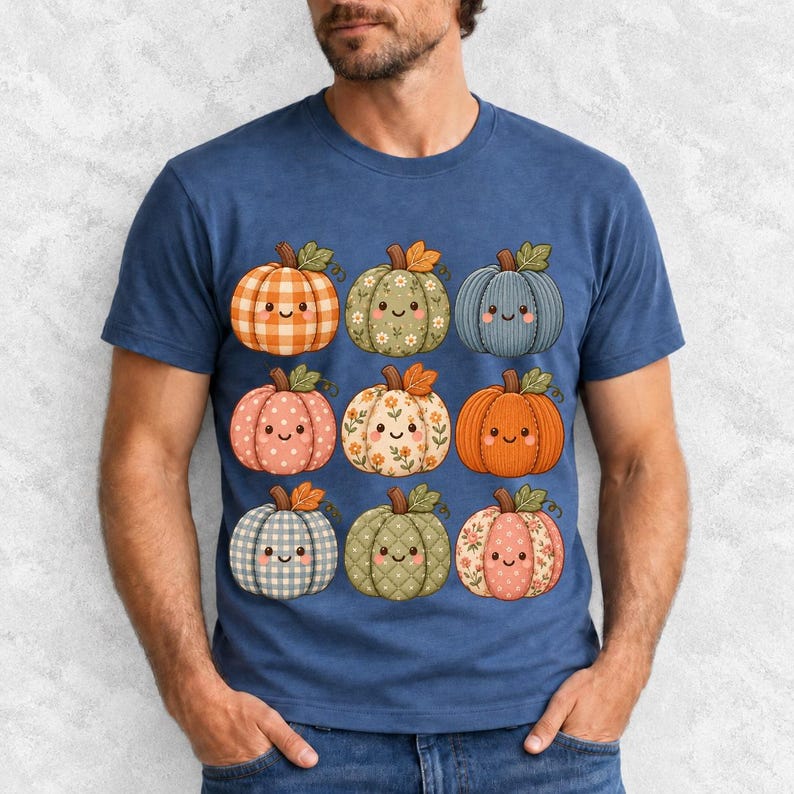 Grid of smiling pumpkins sewn from gingham, floral and corduroy patchwork fabric in autumn colors