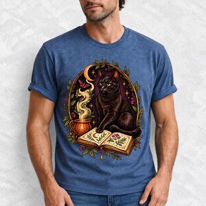 Black cat guarding an open botanical spellbook with a glowing potion cup