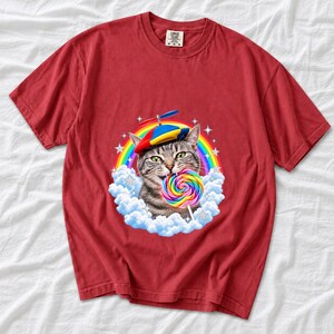 Rainbow Cat Lollipop Propeller Beanie Comfort Colors Shirt product mockup, image 6
