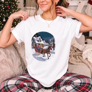 Comfort Colors Horse Sleigh Christmas Shirt, Retro Christmas Village Tee, Snowy Sleigh Ride T-shirt, Christmas Horse Shirt Women, Sleigh Tee