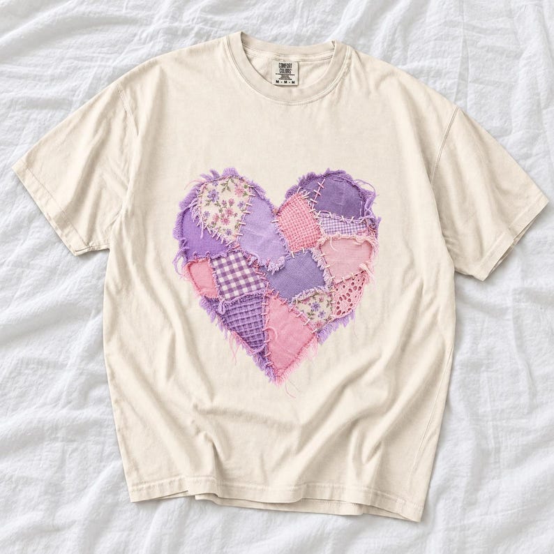 Comfort Colors Lavender Patchwork Heart Shirt, Quilt Heart Tee, Pastel Heart Valentine T-shirt, Valentines Day Heart Shirt Women