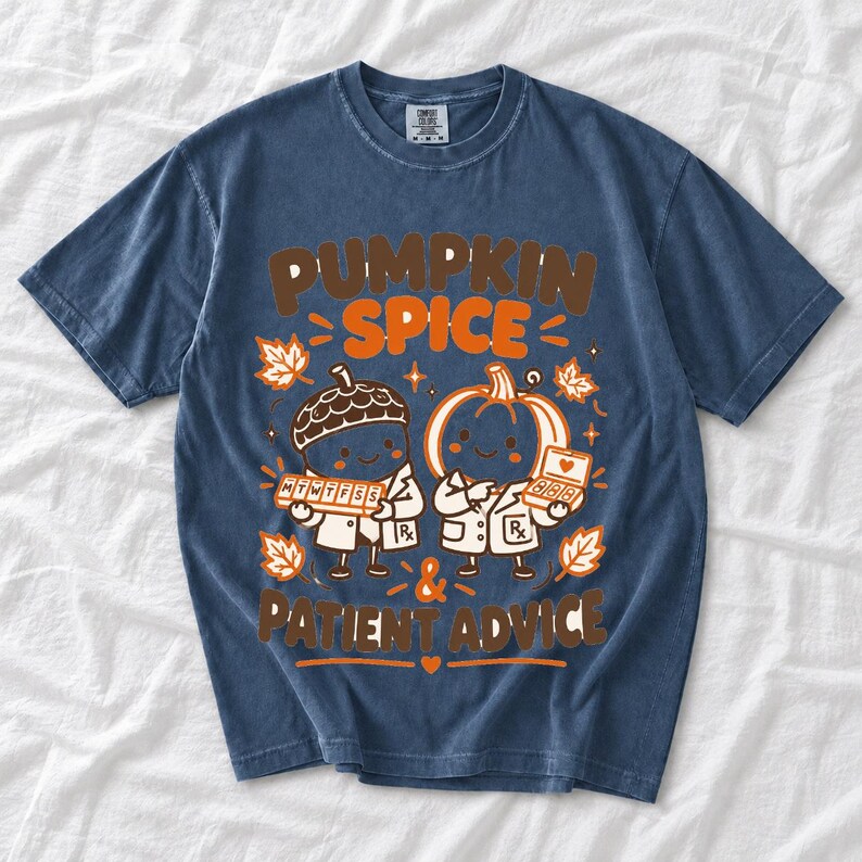 Acorn and pumpkin characters in pharmacist coats holding pill organizers, text Pumpkin Spice & Patient Advice