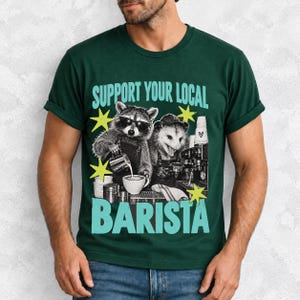 Raccoon and opossum behind an espresso machine, zine collage, text "Support Your Local Barista"