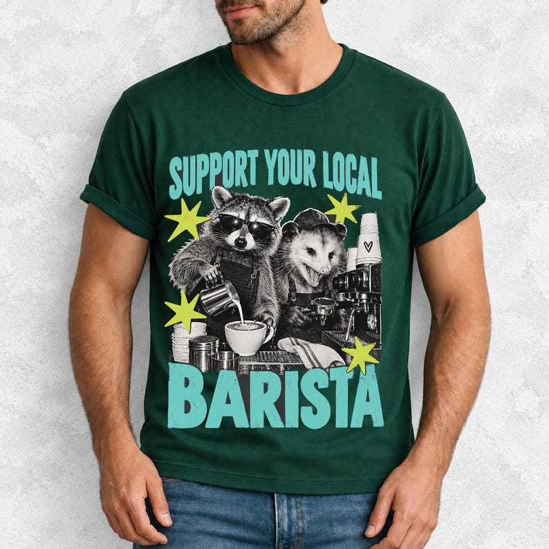 Raccoon and opossum behind an espresso machine, zine collage, text "Support Your Local Barista"