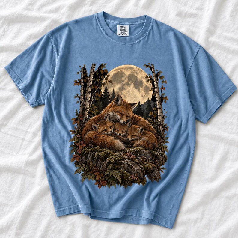 Fox family curled on a rock under a huge full moon among birch trees, dark realistic woodland illustration