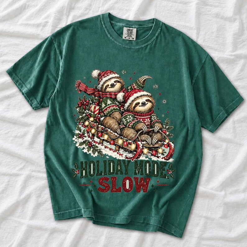 Two sloths in ugly sweaters riding a sled with lights and the text Holiday Mode: Slow