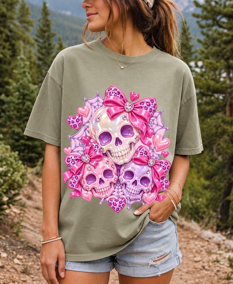 Puffy glossy 3D pink skulls with bows, hearts, cobwebs and rhinestones in coquette style