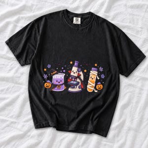 Kawaii beaker, microscope and test tube with faces in Halloween costumes, pastel purple and orange