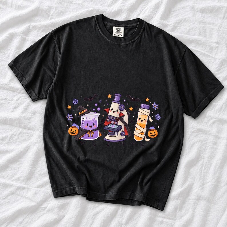 Kawaii beaker, microscope and test tube with faces in Halloween costumes, pastel purple and orange