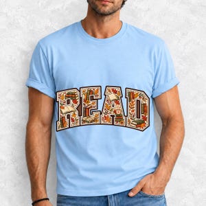 Arched varsity word READ filled with tiny books and autumn leaves in cream, rust and mustard