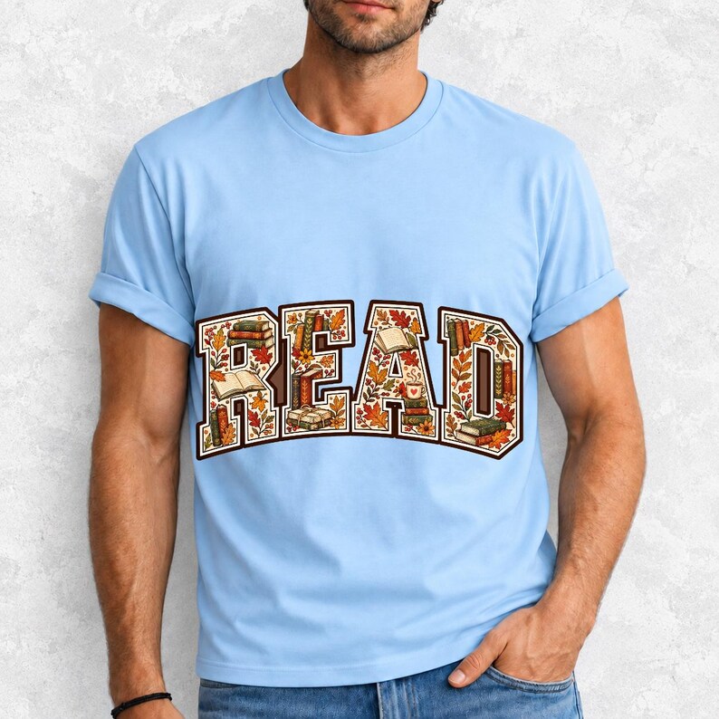 Arched varsity word READ filled with tiny books and autumn leaves in cream, rust and mustard