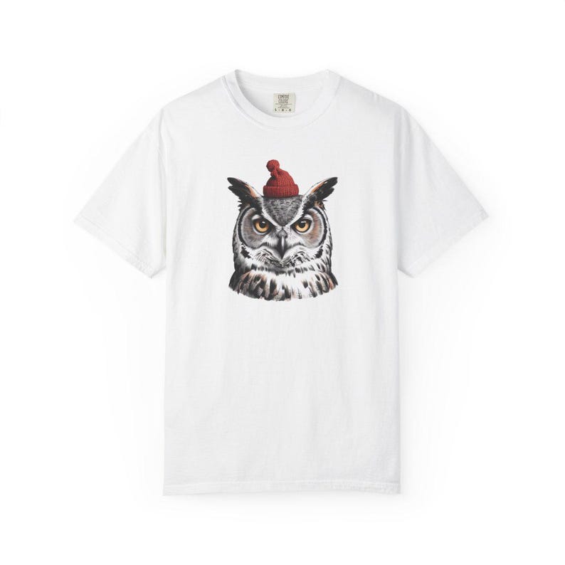 Comfort Colors Owl Santa Hat Shirt, Sketch Owl Christmas Tee, Great Horned Owl Winter T-shirt, Owl Lover Holiday Shirt, Bird Lover Owl Tee — Printify product mockup