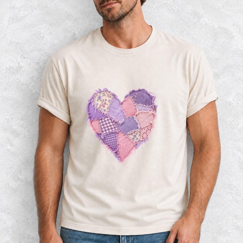 Comfort Colors Lavender Patchwork Heart Shirt, Quilt Heart Tee, Pastel Heart Valentine T-shirt, Valentines Day Heart Shirt Women