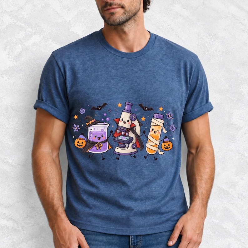 Kawaii beaker, microscope and test tube with faces in Halloween costumes, pastel purple and orange