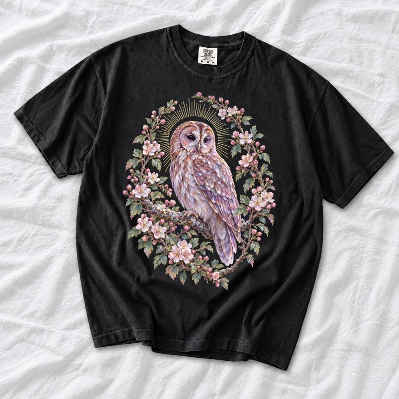 Tawny Owl Shirt, Floral Owl Tee, Comfort Colors Owl Lover T-shirt, Retro Wildflowers Owl Shirt, Women Owl Tee Gift image 13