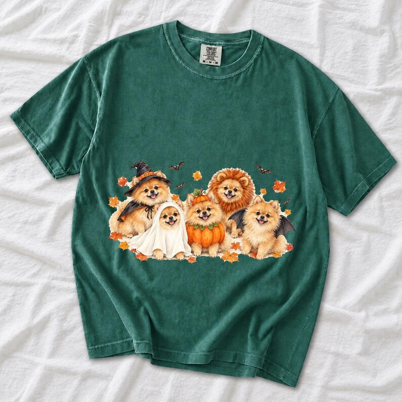 Five fluffy watercolor pomeranians in Halloween costumes with autumn leaves and bats