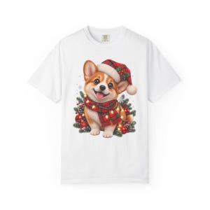 Comfort Colors Christmas Corgi Puppy Shirt, Cute Corgi Santa Hat Tee, Corgi Lover Christmas T-shirt, Corgi Mom Holiday Shirt — Printify product mockup